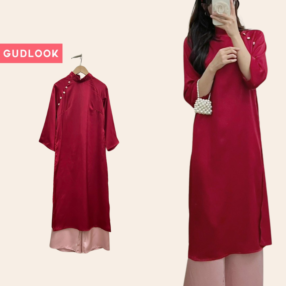 Áo Dài Lụa Nữ Cách Tân Cúc Bọc GUDLOOK Trơn 4 Màu Phối
