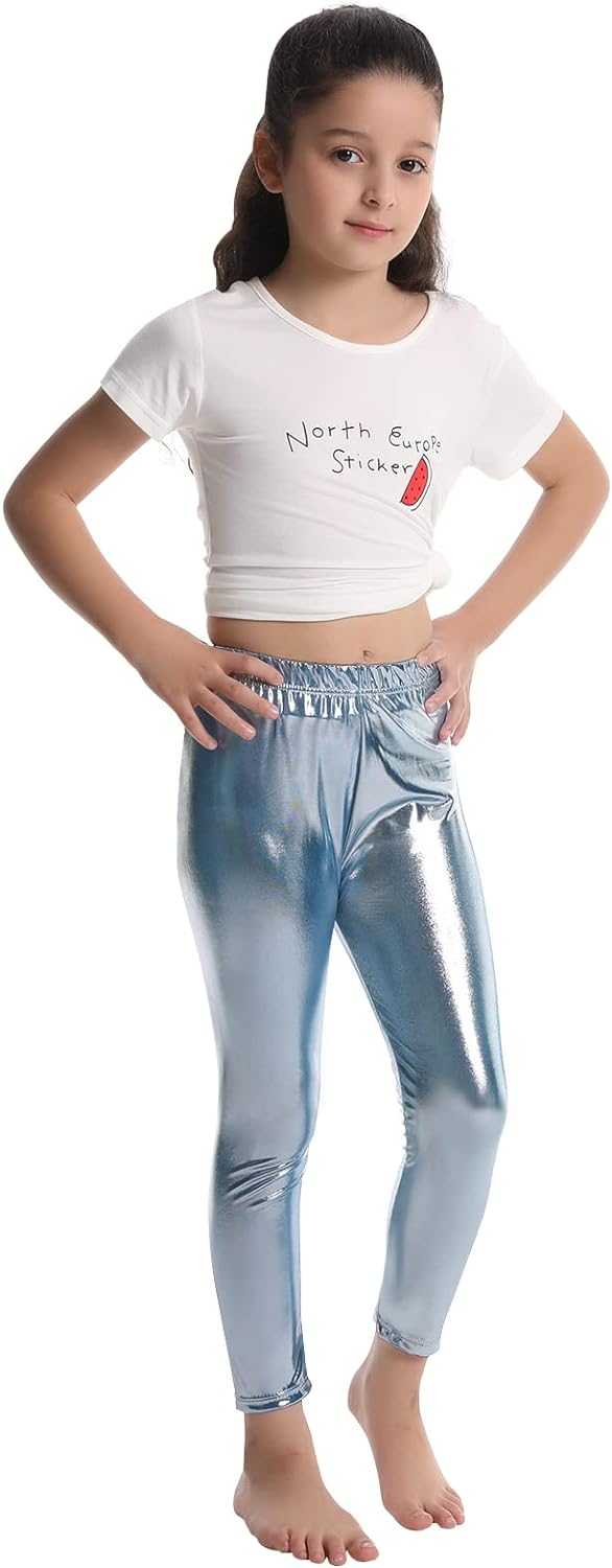  Aaronano Girls Metallic Color Shiny Stretch Leggings