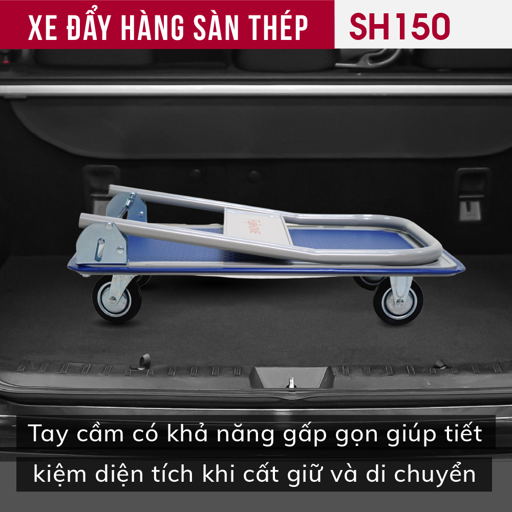 Xe đẩy hàng 4 bánh gấp gọn 100kg Nhập Khẩu CN Nhật Bản Fujihome SH150, bánh cao su siêu bền chống ồn, xe kéo hàng sàn thép gấp gọn đa năng xếp gọn - Bảo hành 1 năm