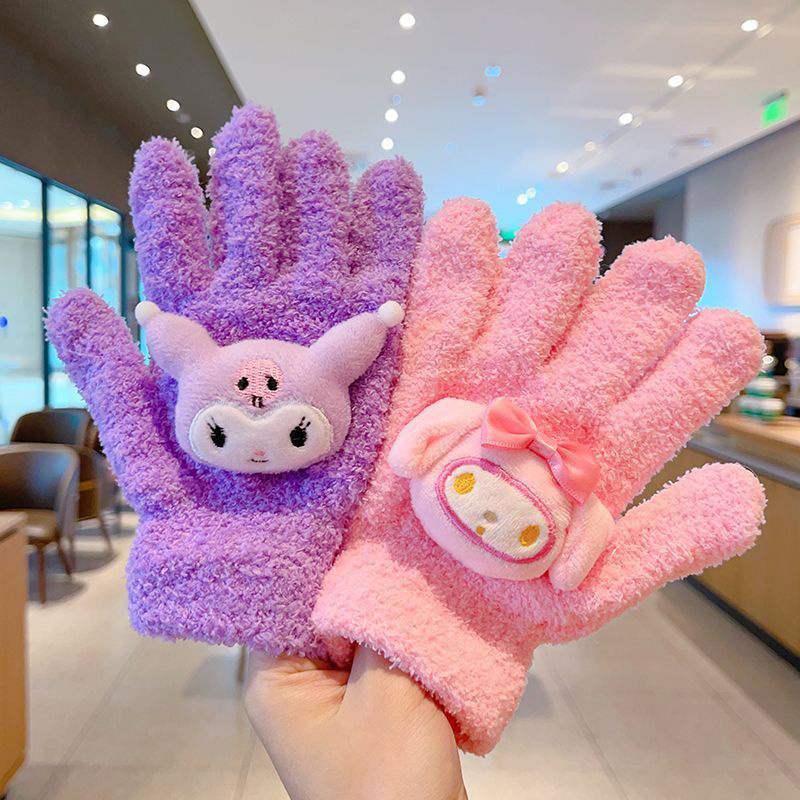 1Pair Kawaii Cute Kuromi Melody Cinnamoroll Kt Cat Gloves Cartoon Five Finger Gloves Fashion Autumn Winter Warm Student Gloves Bayline.