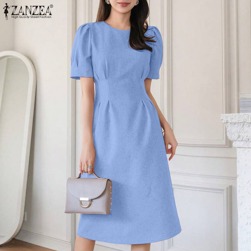 ZANZEA%20Korean%20Style%20Women%20Formal%20Office%20Plain%20Crew%20Neck%20Dresses%20Puff%20Sleeve%20Midi%20Dress%20#0609%20-%20Image%202