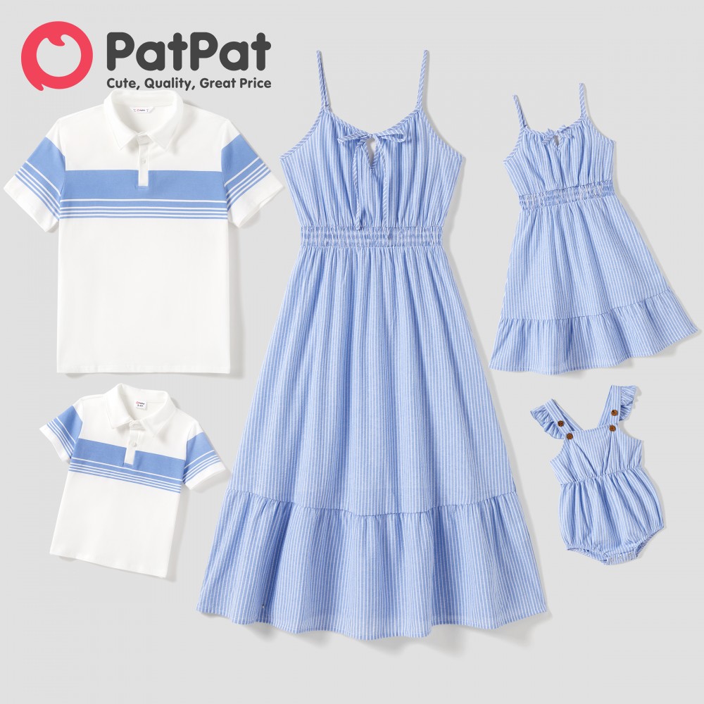 PatPat Family Matching Blue Stripe Panel Polo Shirt and Tie Neck Shirred Waist Stripe Strap Dress Sets