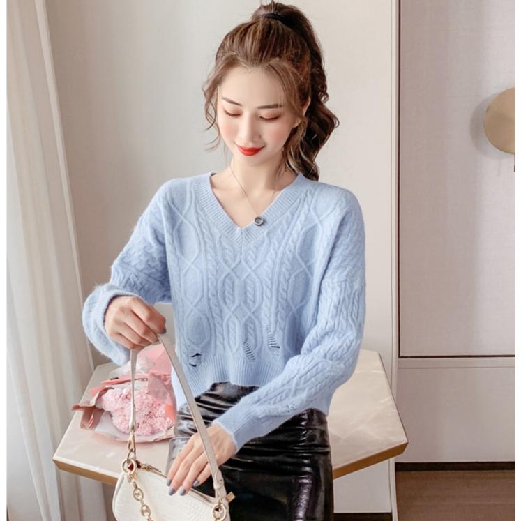 Áo len nữ montoghi thắt thừng phối rách đuôi tôm - kholenqc