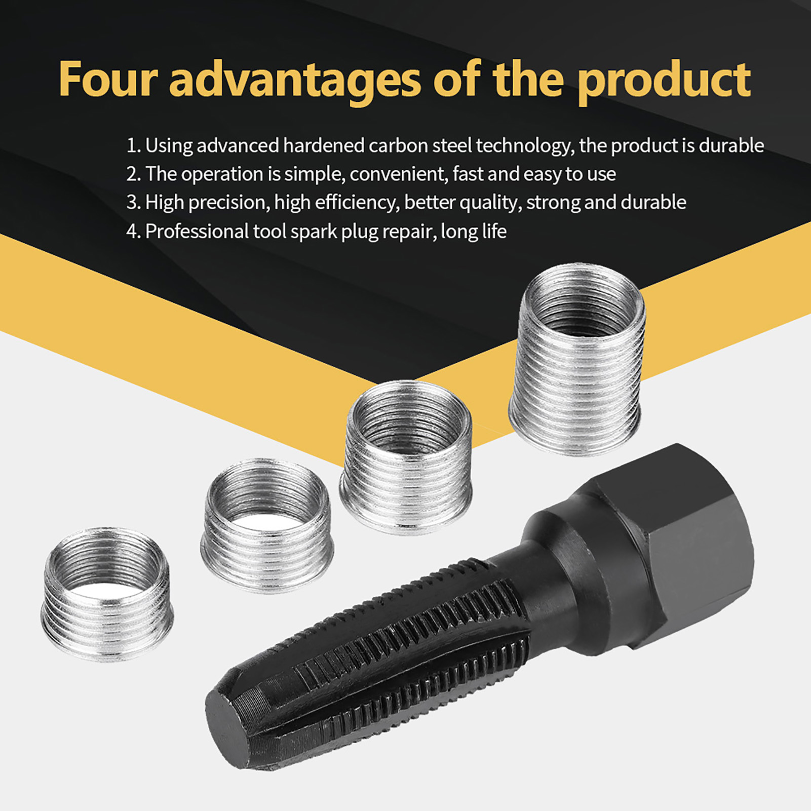 Spark Plug 5Pcs Carbon Steel Spark Plug Re-thread Tap Tools with Inserts for 14mm Sparking Plugs Repair