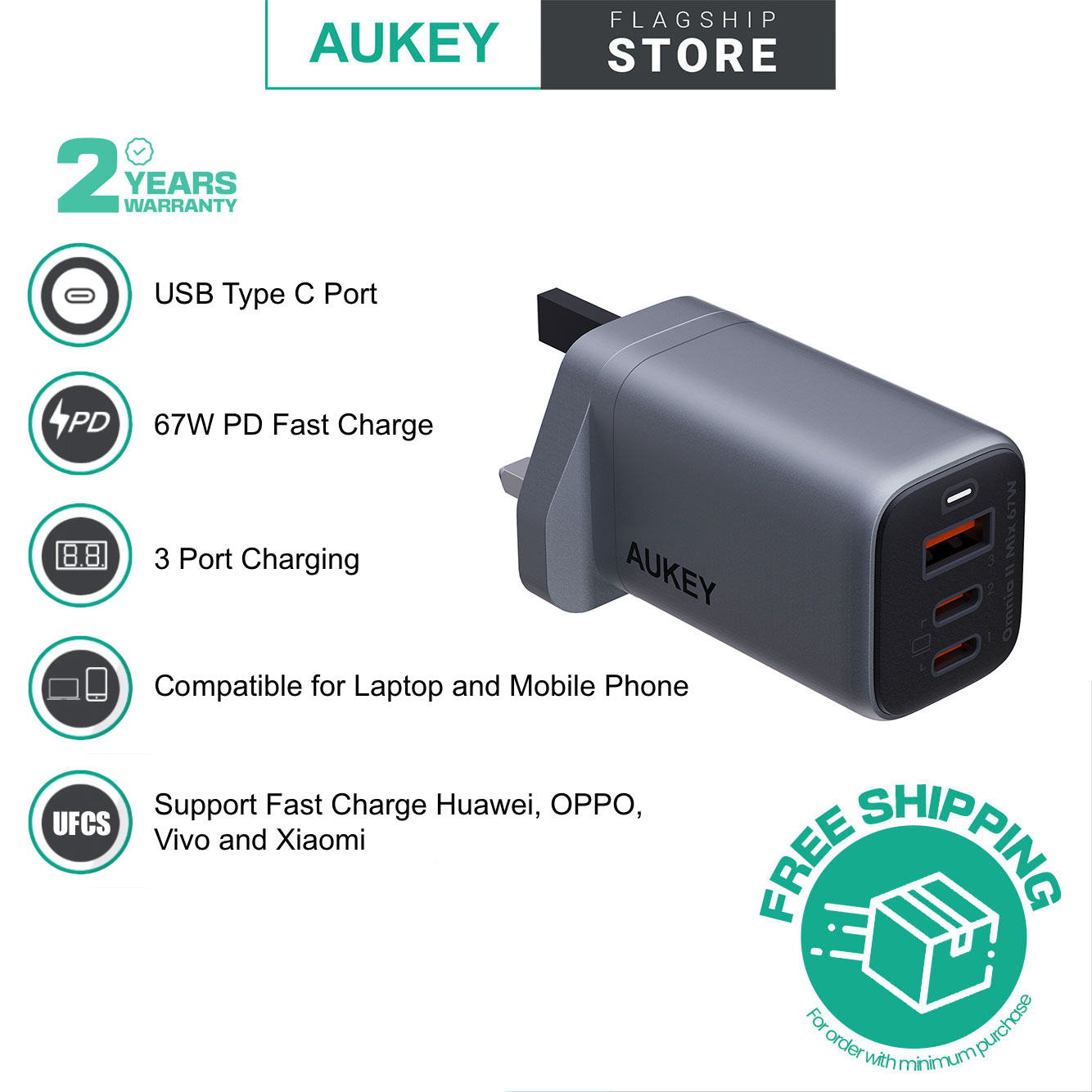 Aukey PA-B6U Omnia ll Mix 67W UFCS 3 Port Wall Charger with GaN ...