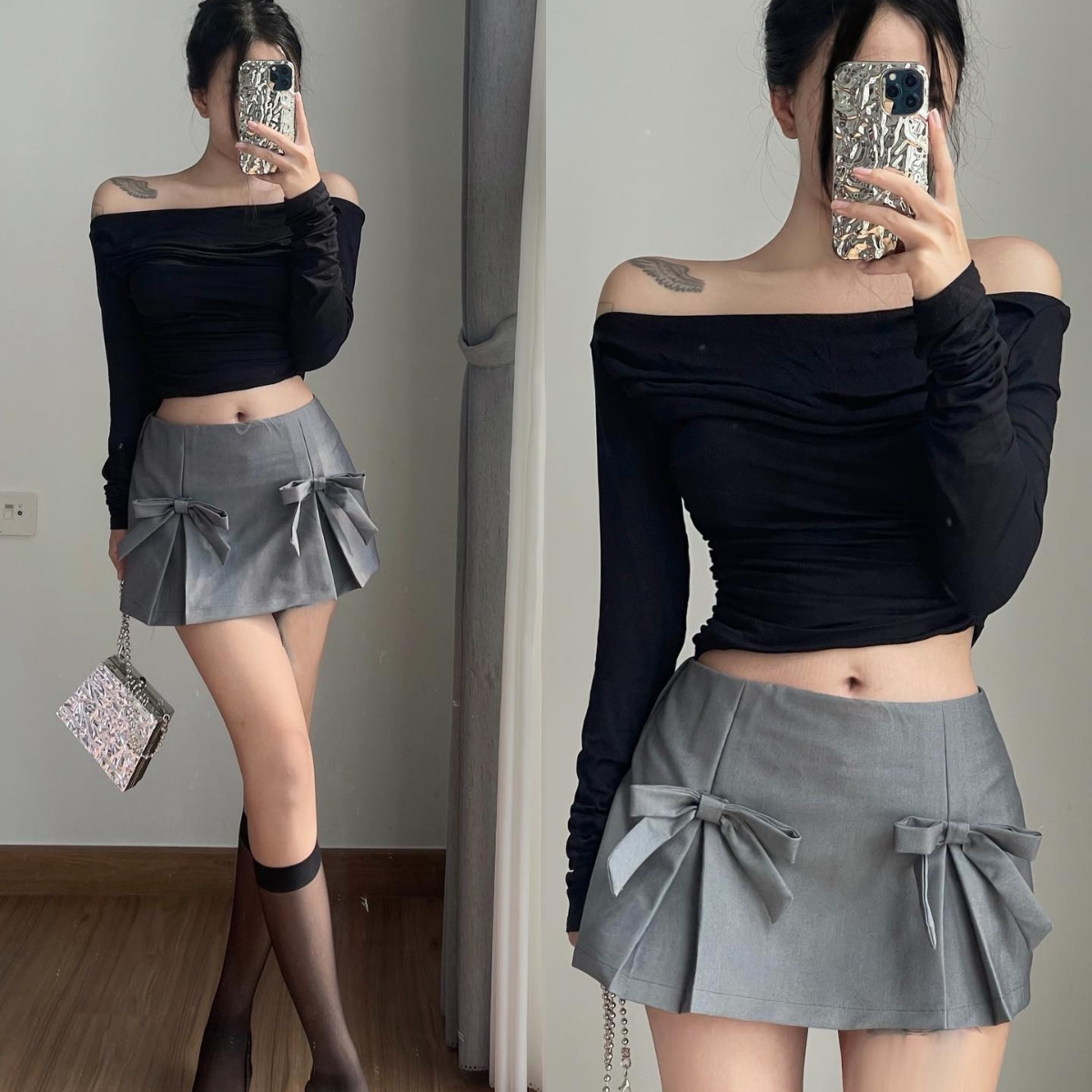 Chân Váy Cạp Trễ Xẻ Tà Đính 2 Nơ C084