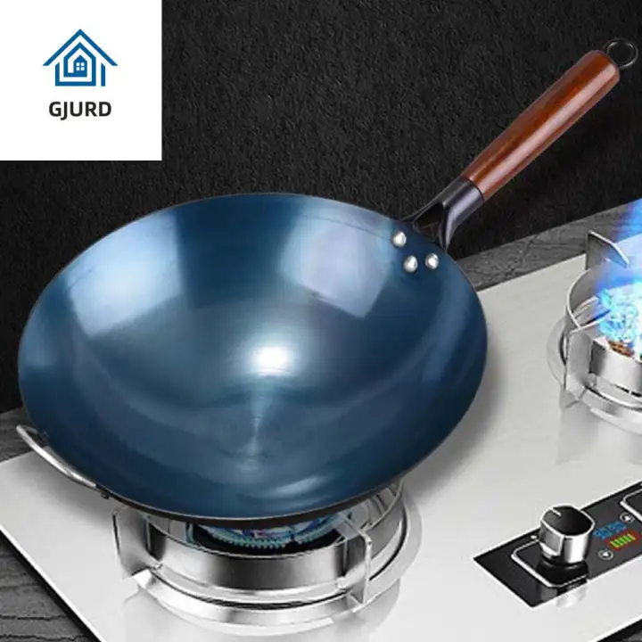 GJURD Anti-scalding Chinese Traditional Iron Wok Round Bottom Wooden Handle Iron Pot Kitchen Cookware Non-stick Frying Pan Restaurant
