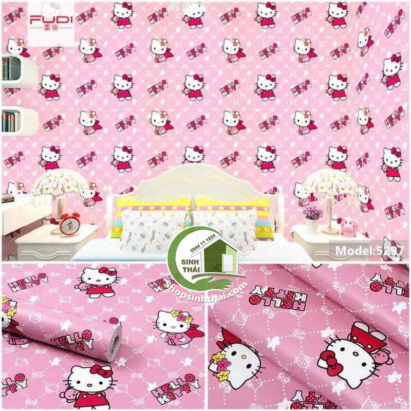 Cuộn giấy decal dán tường hello kitty màu hồng [ cuộn 10 mét x khổ 45cm ]