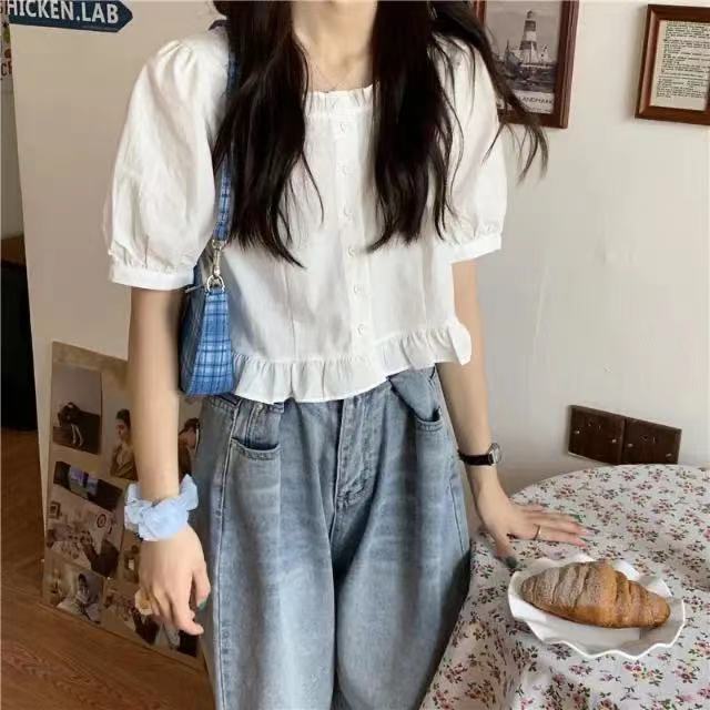 IELGY summer new ruffled short short sleeve shirt women's high waist bubble sleeve top