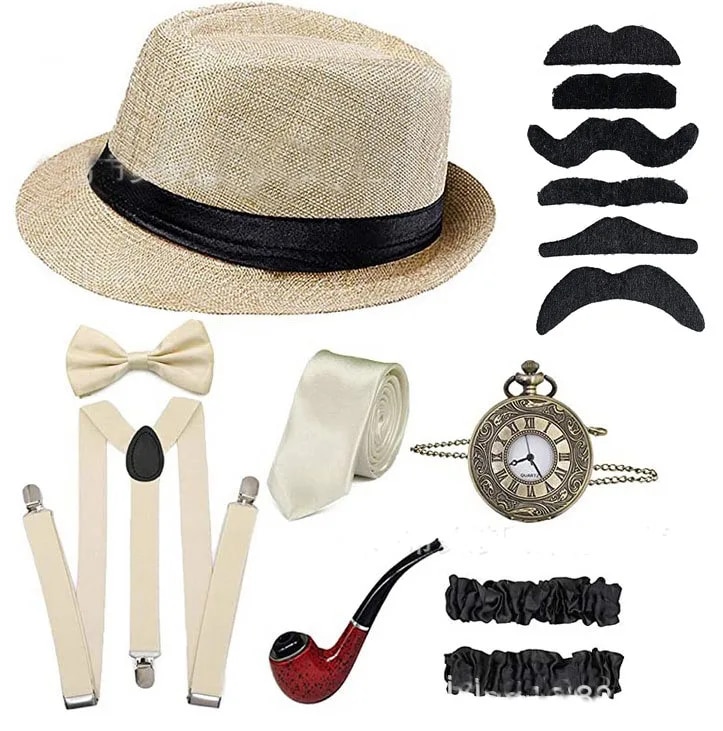 “：{+?> Halloween Party Great Gatsby Cosplay Costume 1920S Mens Gangster Accessories Set Fedora Newsboy Hat Suspenders Armbands Tied