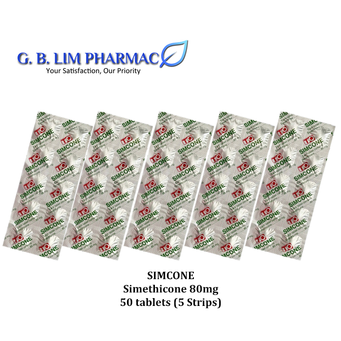 SIMCONE 80MG SIMETHICONE 80MG 10 chewable tablet x 5 STRIPS (EXP 1706