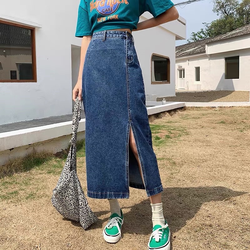Chân váy jeans nữ cúc lệch xẻ tà 🦋 váy bò nữ cạp cao dáng dài 3 màu 🦋