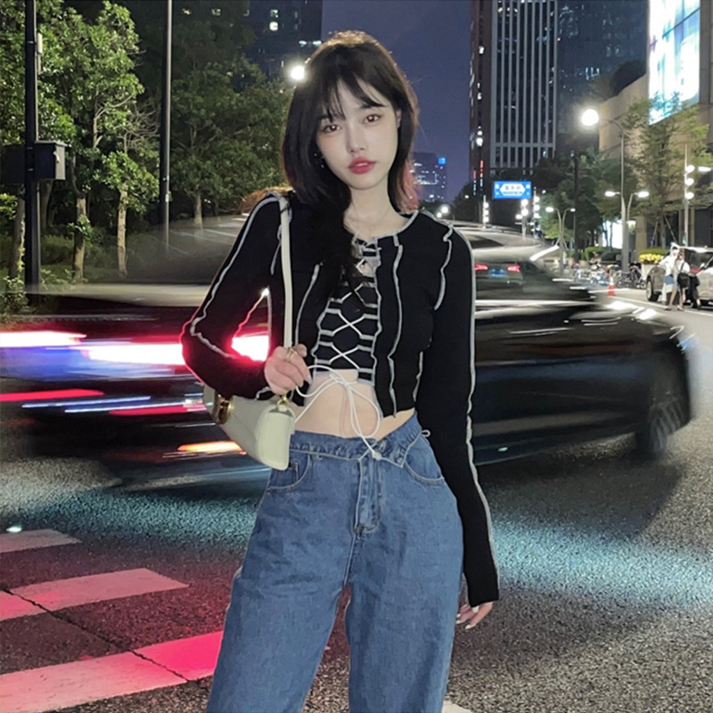 Zhu Xia Women's T-shirts French long-sleeved tie-stripe embroidery hollow short T-shirts Y2K style women's T-shirts European and American style women's T-shirts