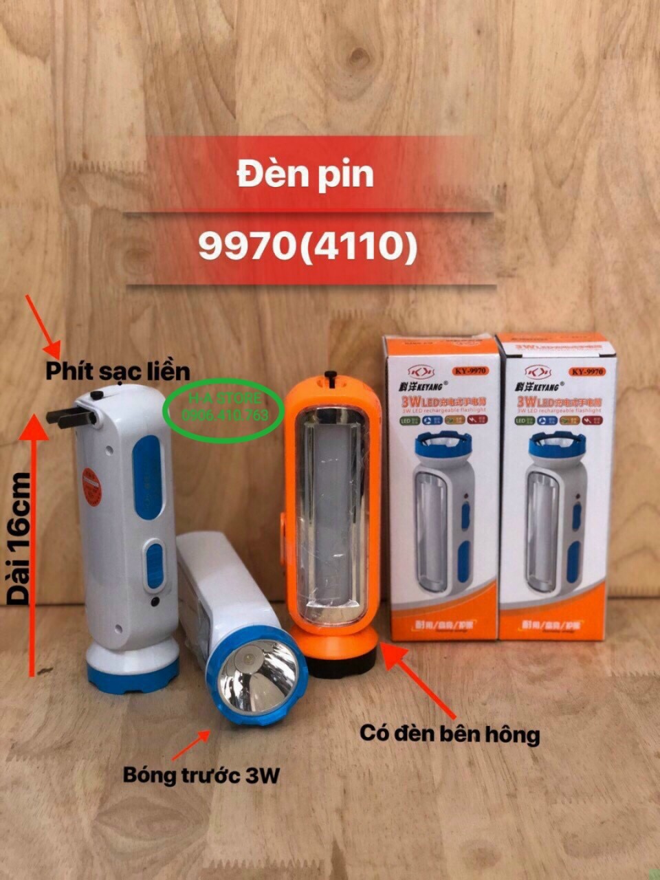 Đèn pin sạc ky 9970 cầm tay có đèn led bên hông