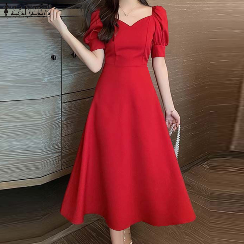 ZANZEA%20Korean%20Style%20Womens%20Puff%20Short%20Sleeve%20Midi%20Dress%20Collect%20Waist%20Elegant%20Party%20Long%20Dresses%20-%20Image%203