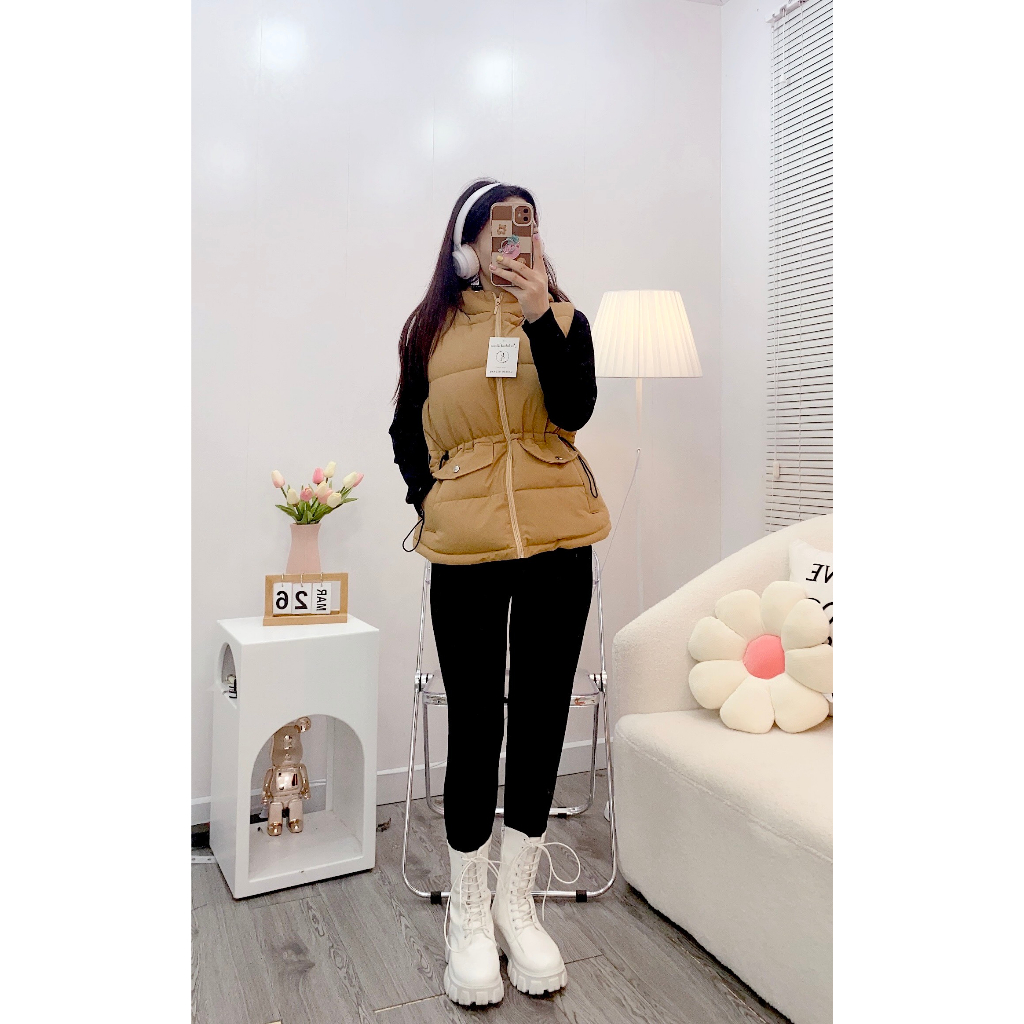 Áo phao gile nữ có mũ dây rút eo