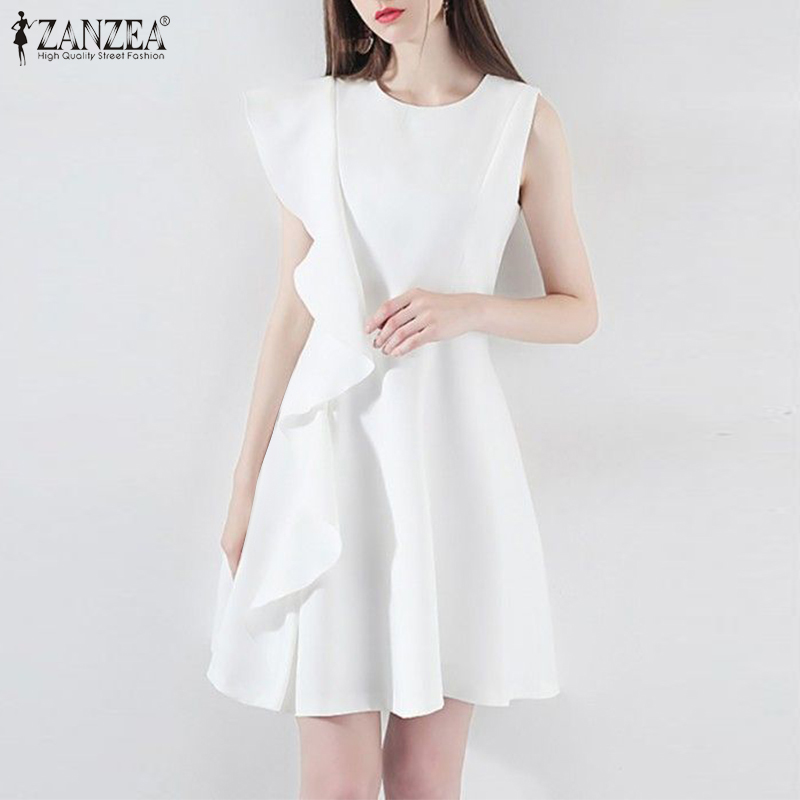 Celmia ZANZEA Korean Style Womens Dress Elegant Ruffle Trim A-Line ...