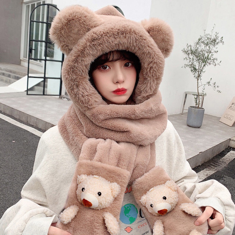 Bộ Ba Món Mũ + Găng Tay + Khăn Choàng + Găng Tay Lông Cừu Giữ Ấm Mùa Đông khăn quàng cổ khăn mũ gấu mũ gấu mùa đông khăn gấu mũ gấu mũ kèm khăn mũ len gấu mũ khăn mũ lông gấu mũ chùm đầu mùa đông