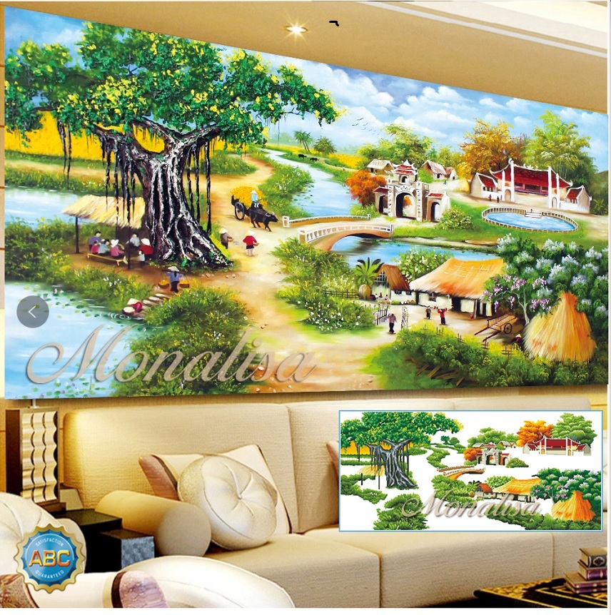Tranh đính đá làng quê thành phẩm 2mx85cm đã đính chưa khung