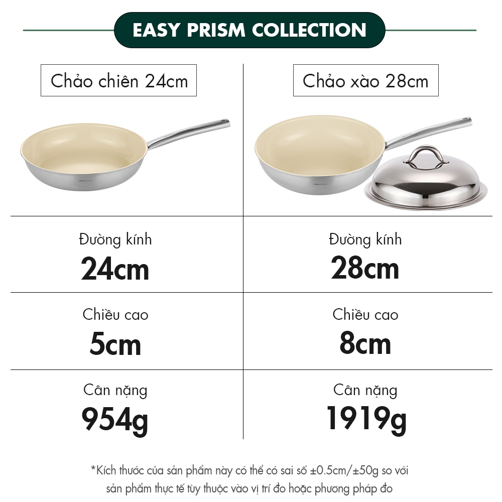 Combo 2 chảo inox Edelkochen Easy Prism - Màu Soy Milk (Chảo chiên 24cm/ Chảo xào 28cm)
