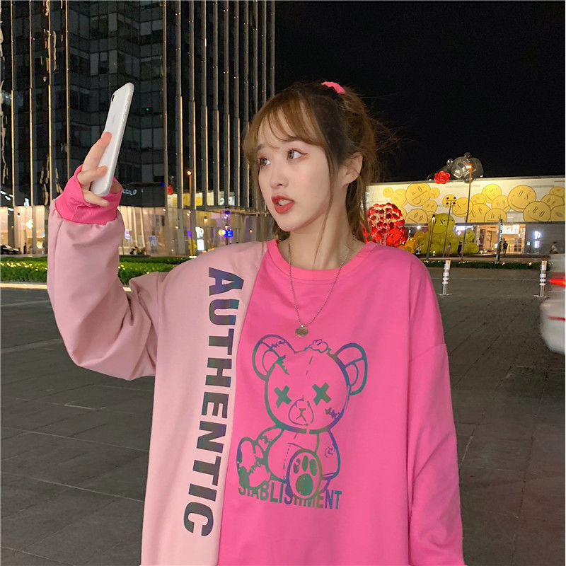 MBeauty Women's spliced loose round neck sweatshirt pullover bear