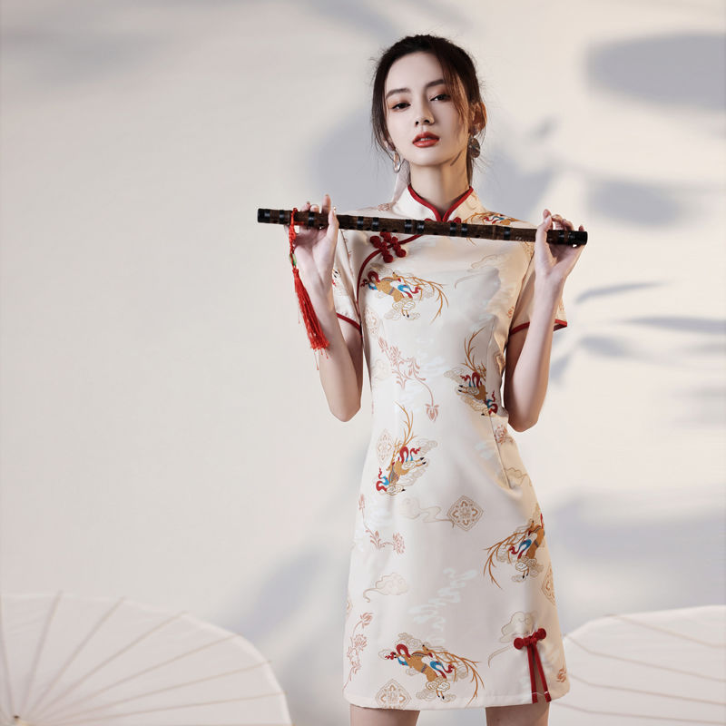 Women's Cheongsam Dress New Vintage Printed Cheongsam High End Temperament Improved Short Girl Dress