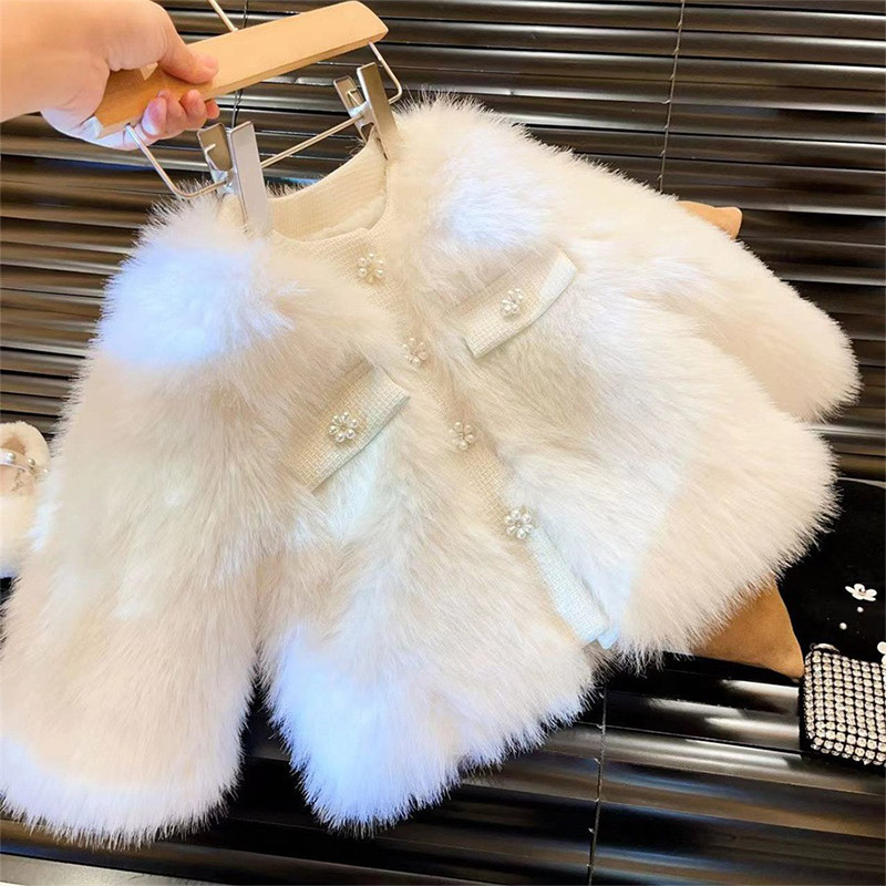 BAOLONGXIN girls fashion jacket Winter girls' thickened imitation fur warm jacket Pearl Button Princess Jacket girls sweater Soft and comfortable