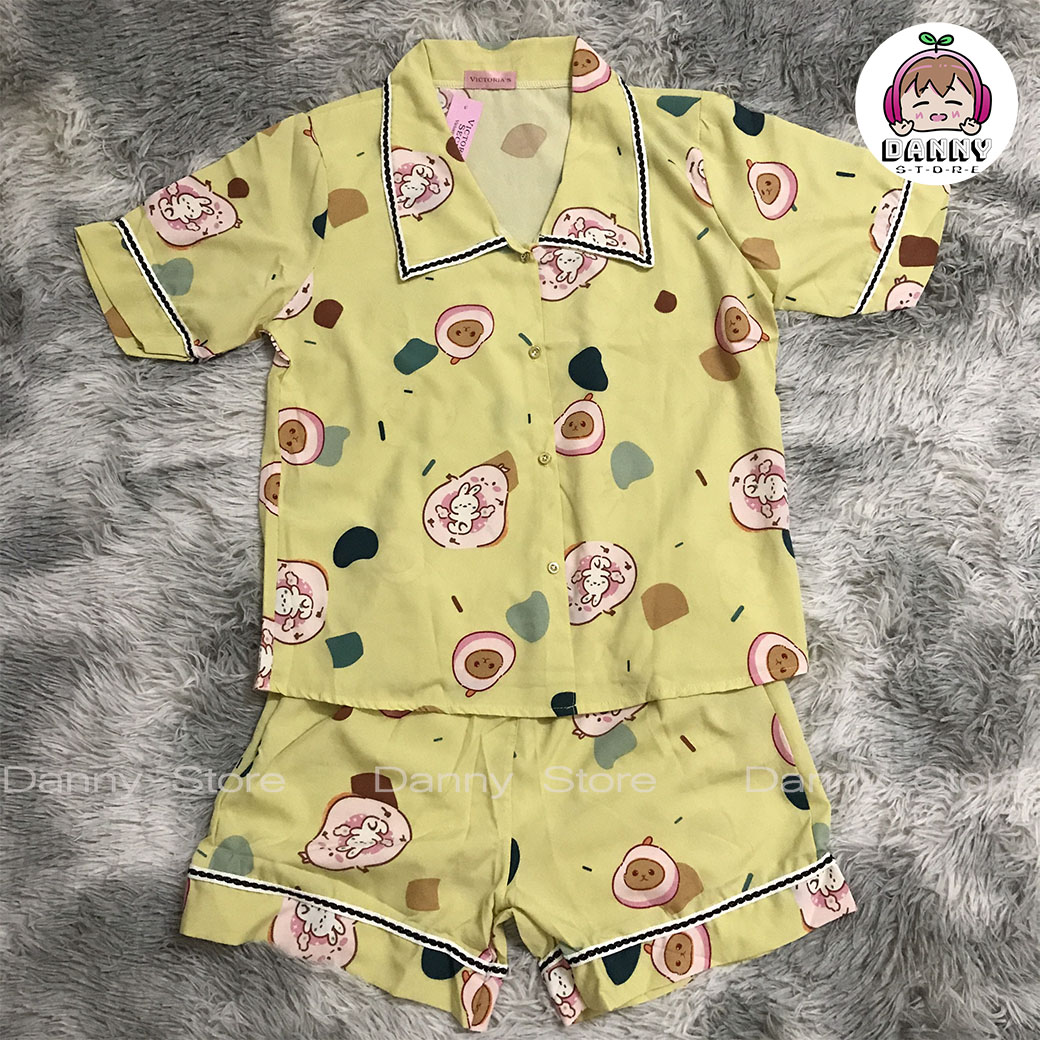 Đồ bộ Pijama ngắn, Đồ bộ lụa Mango họa tiết dễ thương cho nữ