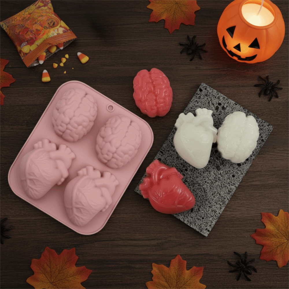 Multi-functional 4 Cavity Halloween Heart Brain Baking Mold Silicone Heat-resistant Organ Shape Baking Mold DIY 3D Ice Cube Tray Pudding