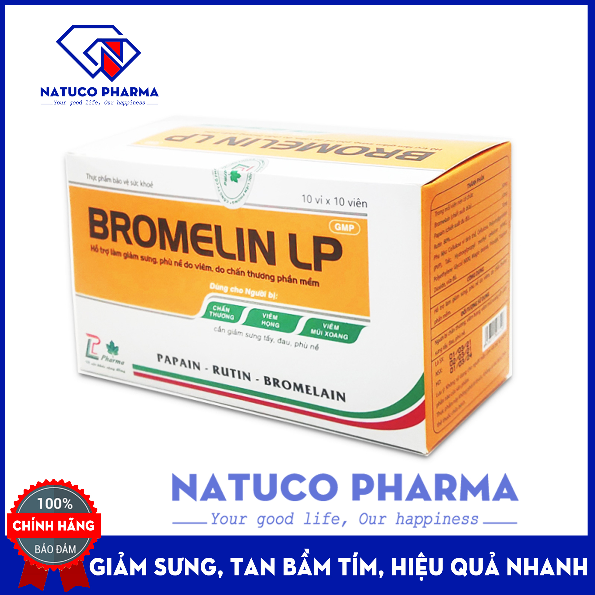 Viên uống giảm bầm tím Bromelin LP - Hộp 100 viên - Thành phần chiết xuất quả dứa, rutin C giúp giảm sưng, phù nề, viêm họng, bầm tím hiệu quả