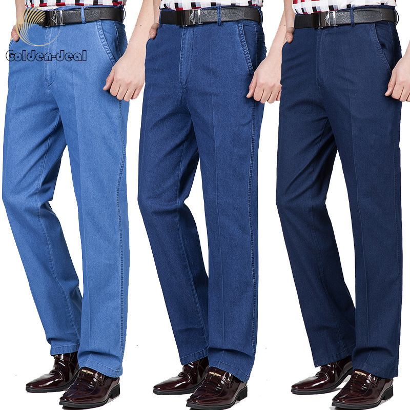 2020 New Summer Thin Men's Casual High-Waisted Jeans Business Middle-Aged Loose Elastic Denim Trousers Stretchable Pants for Men