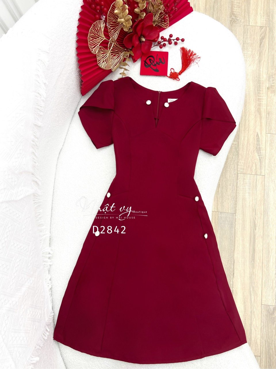 Đầm dự tiệc Nhật Vy cổ tròn tay bồng kiểu form dáng xoè chất lụa phù hợp công sở đi dạo cafe sang chảnh - D2942