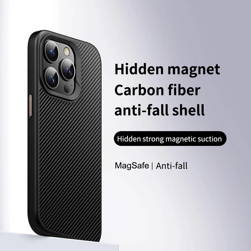 Luxury Carbon Fiber Shockproof Phone Case For iPhone 12 13 14 15 Pro Max Plus Glass Lens Film Magsafe Wireless Charging Cover