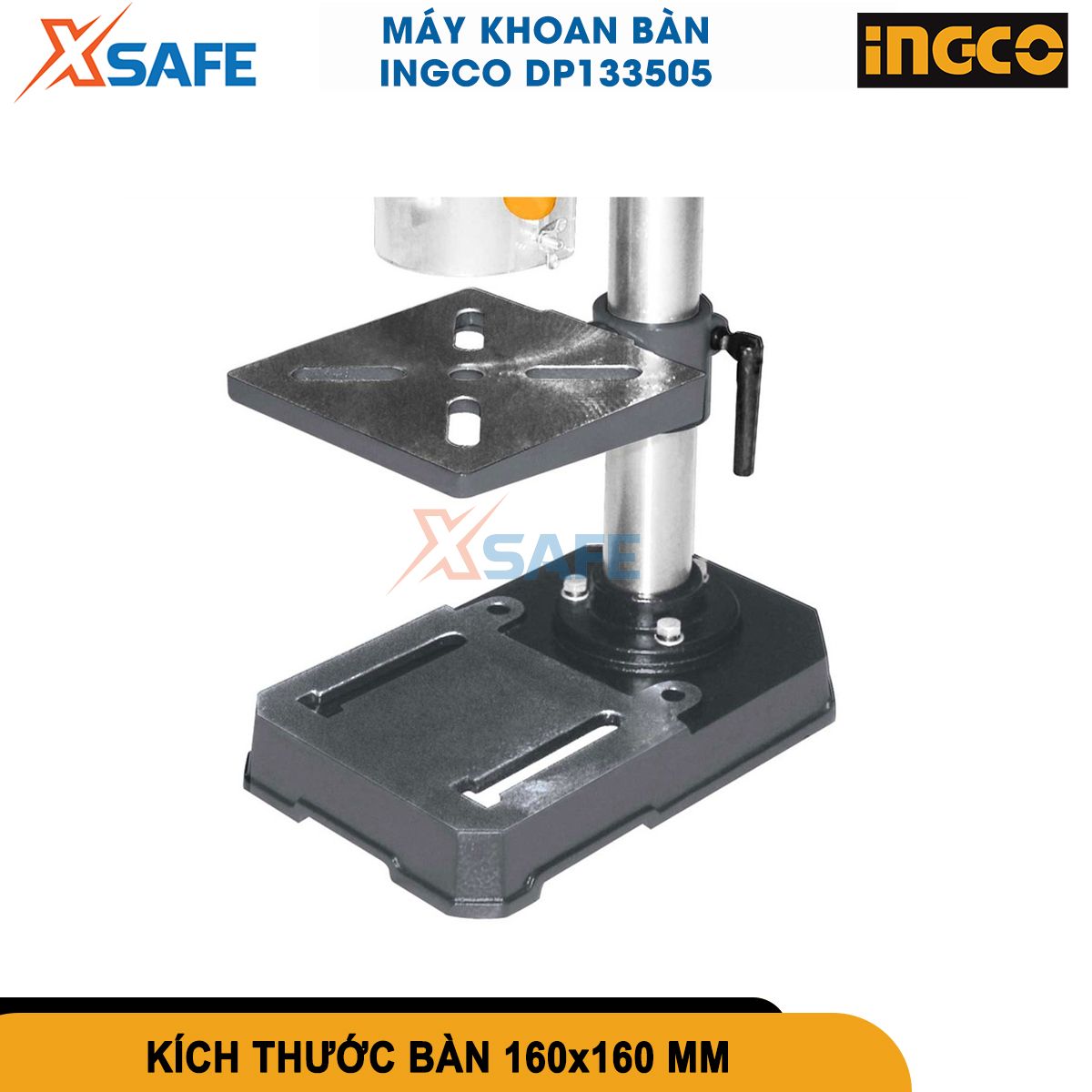 Máy khoan bàn 350W INGCO DP133505 khả năng điều chỉnh bàn khoan, khoan tối đa 13 mm,số mức tốc độ 5, đường kính ống trụ 46 mm, chiều cao máy 590mm, kích thước bàn khoan 160*160 mm, kích thước chân bàn 291*183mm