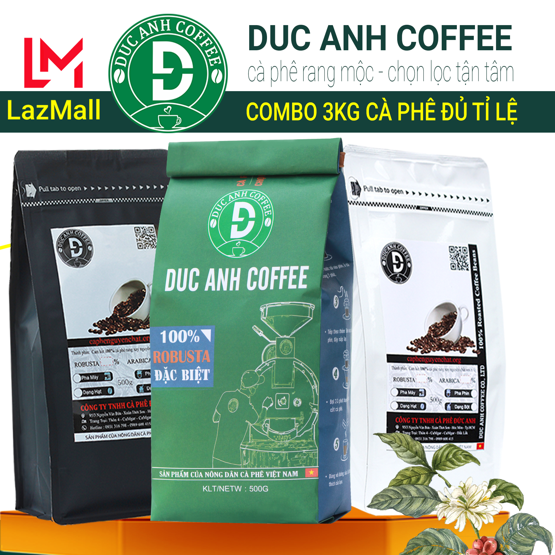 3kg cà phê rang mộc DUC ANH COFFEE tất cả các tùy chọn robusta và arabica