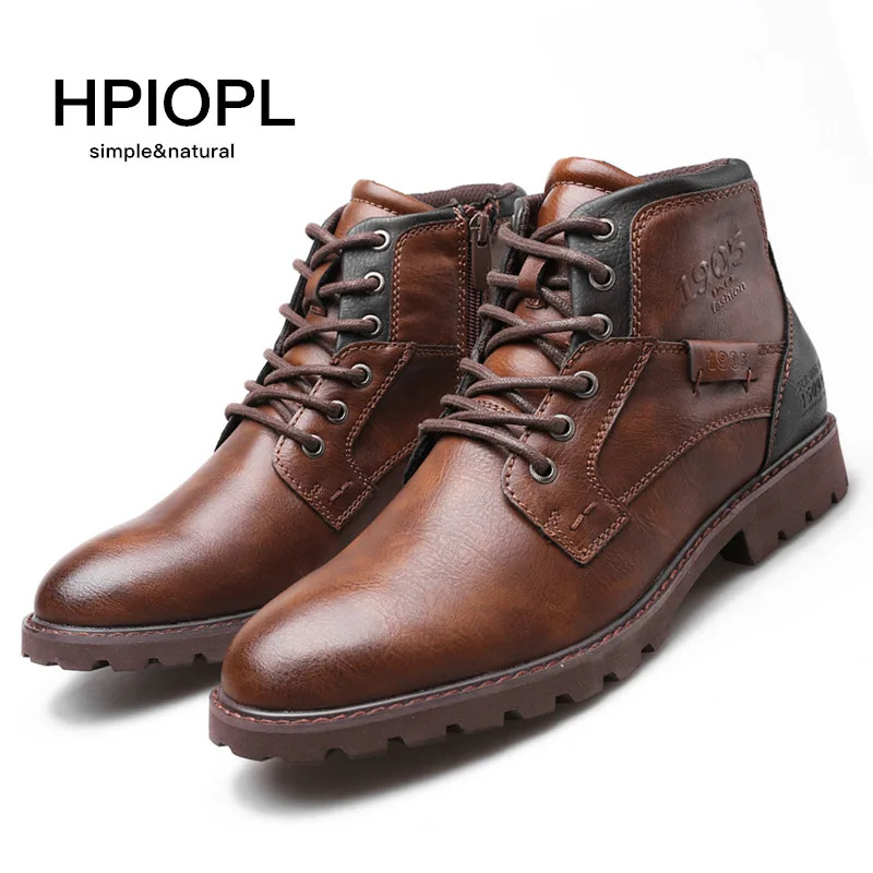 Leather Men Ankle Boots Plus Size High Top Shoes Outdoor Work Casual Shoes  Motorcycle Military Combat Boots Fashion Autumn Brown