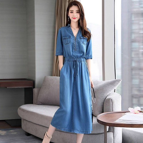 [HCM]ĐẦM JEAN CỔ SƠ MI 2 TÚI