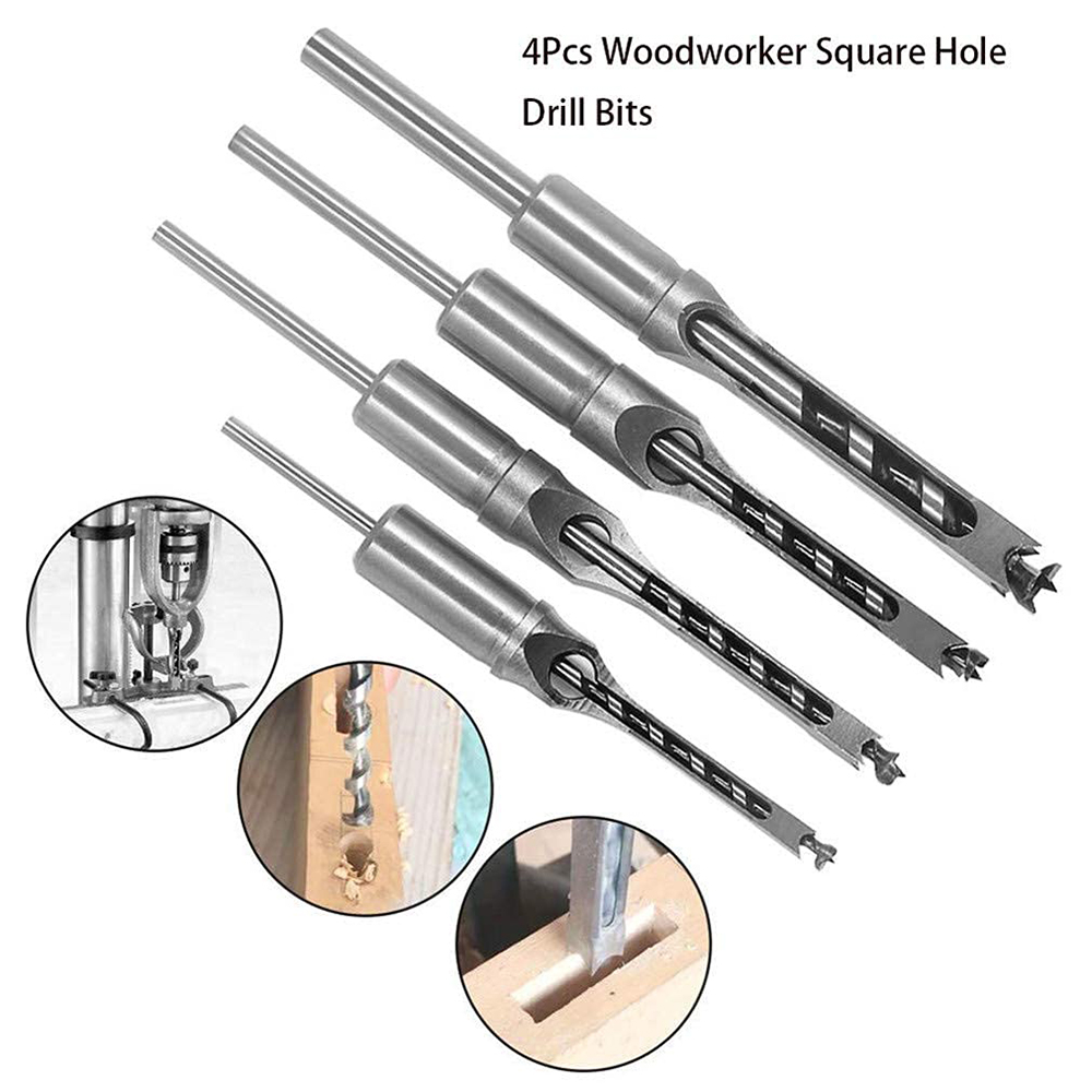 pcbfun Square Hole Mortise Chisel Drill Bit Tools Woodworking Hole Saw Drill Bit Set Twist Drill Different Sizes 1/4 5/16 1/2 3/8 Inch