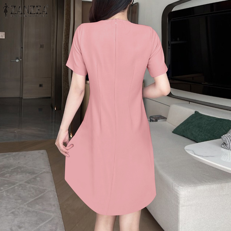 ZANZEA%20Korean%20Style%20Women's%20Dresses%20Commute%20Fashion%20Short%20Sleeve%20O%20Neck%20Patchwork%20Plain%20A-Line%20Dress%20-%20Image%202