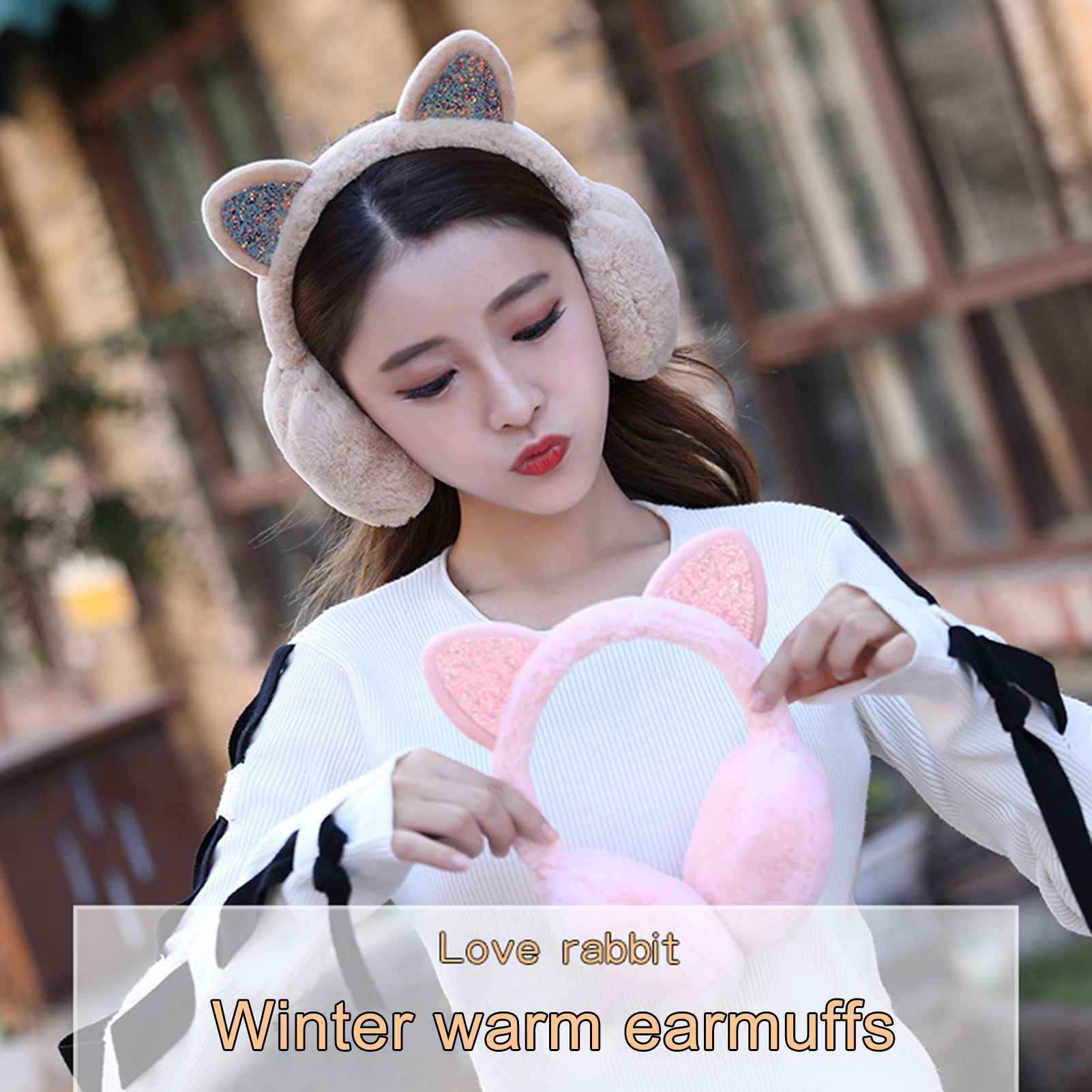 [huahankuang] Ear Muff Sequined Ears Winter Thicken Windproof Ear Warmer for Outdoor