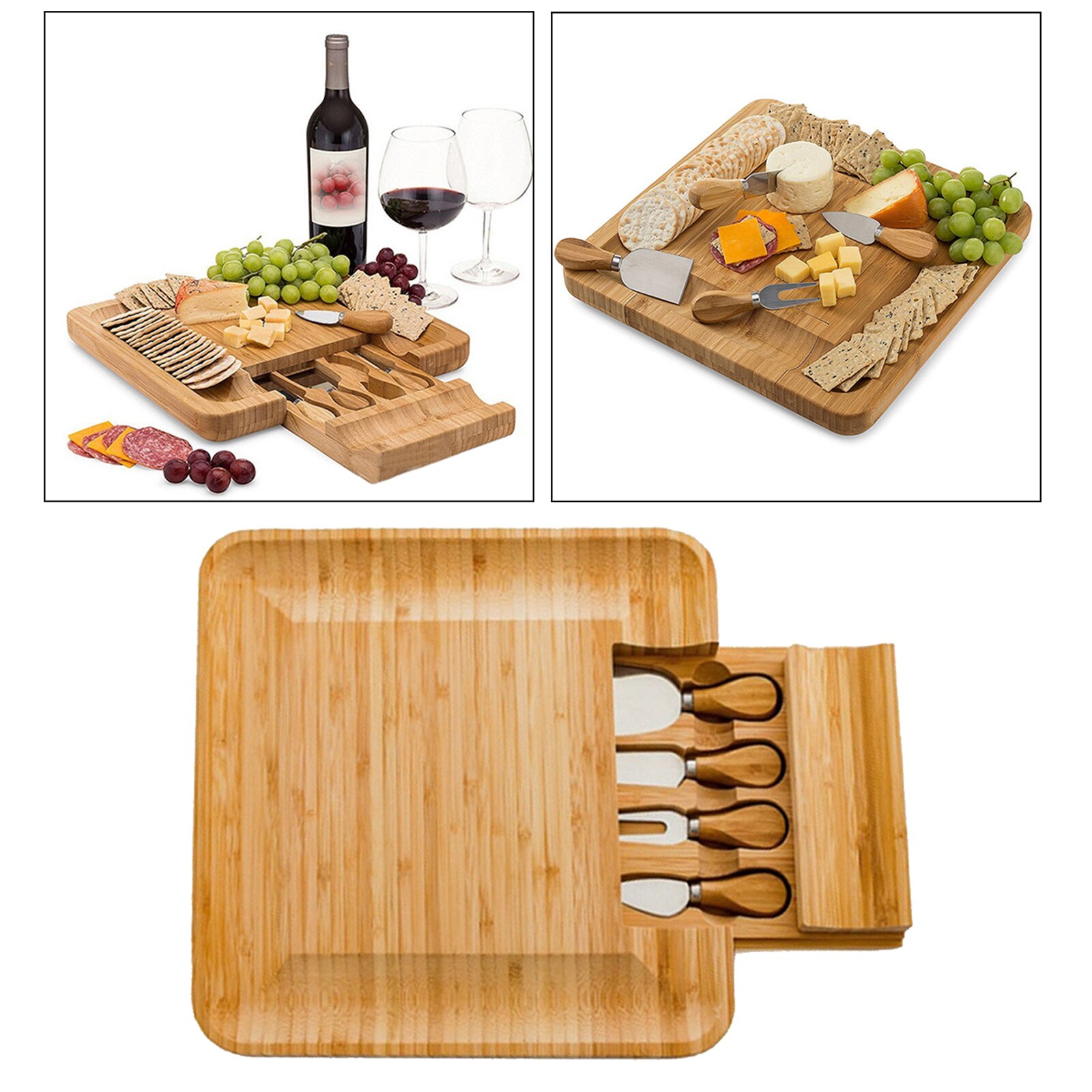 Yingke Handmade 13 Inches Square Bamboo Cheese Board With Knife Set For Cutlery