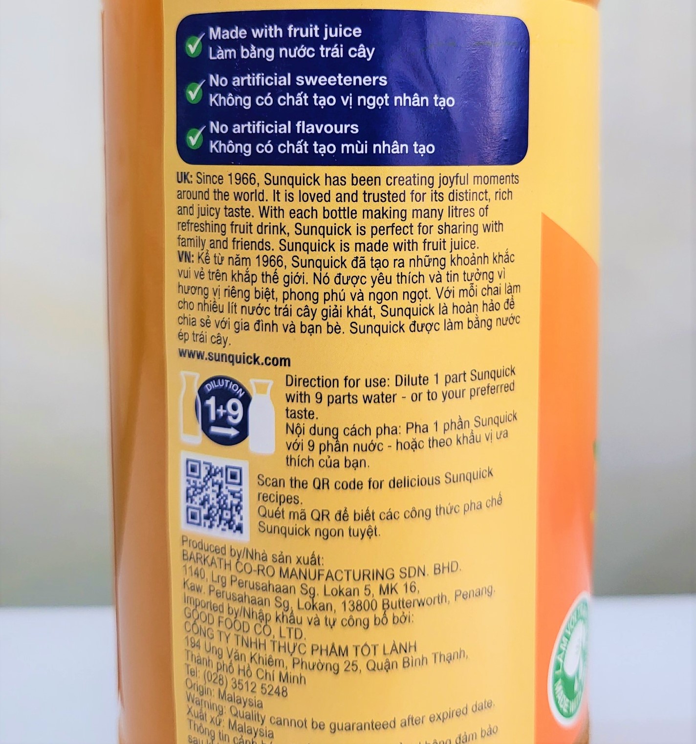[Chai 800ml – CAM] NƯỚC ÉP TRÁI CÂY CÔ ĐẶC [Malaysia] SUNQUICK Orange Fruity and Refreshing