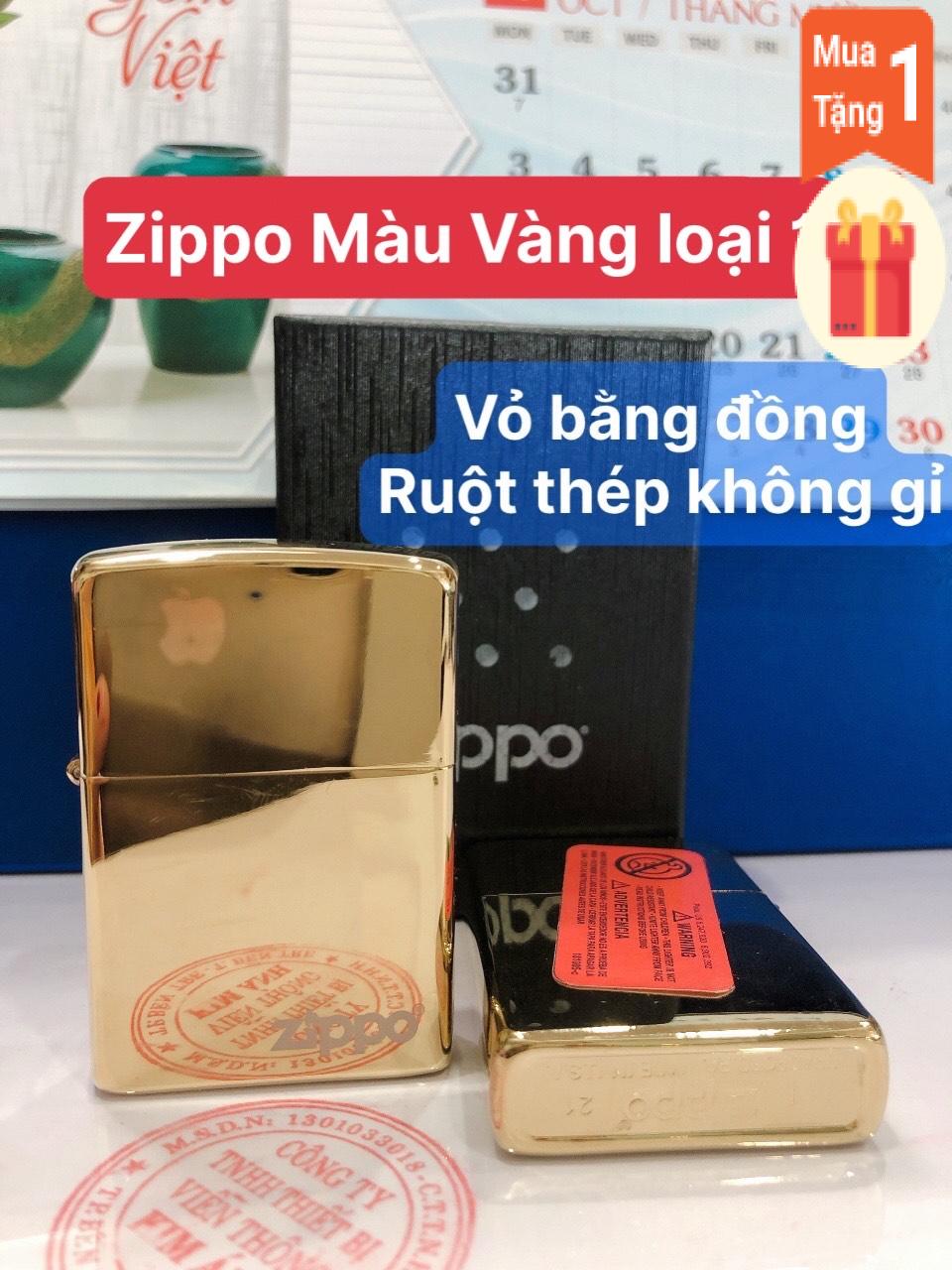 Hộp quẹt Zippo loại trơn màu Vàng Bóng,  Hàng loại 1 vỏ bằng đồng, có tem đỏ ( không xăng)