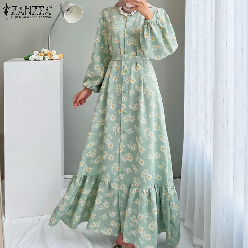 ZANZEA Muslimah Women Muslim Floral Printed Maxi Sundress Fashion Puff Sleeve Ruffle Edge Dress