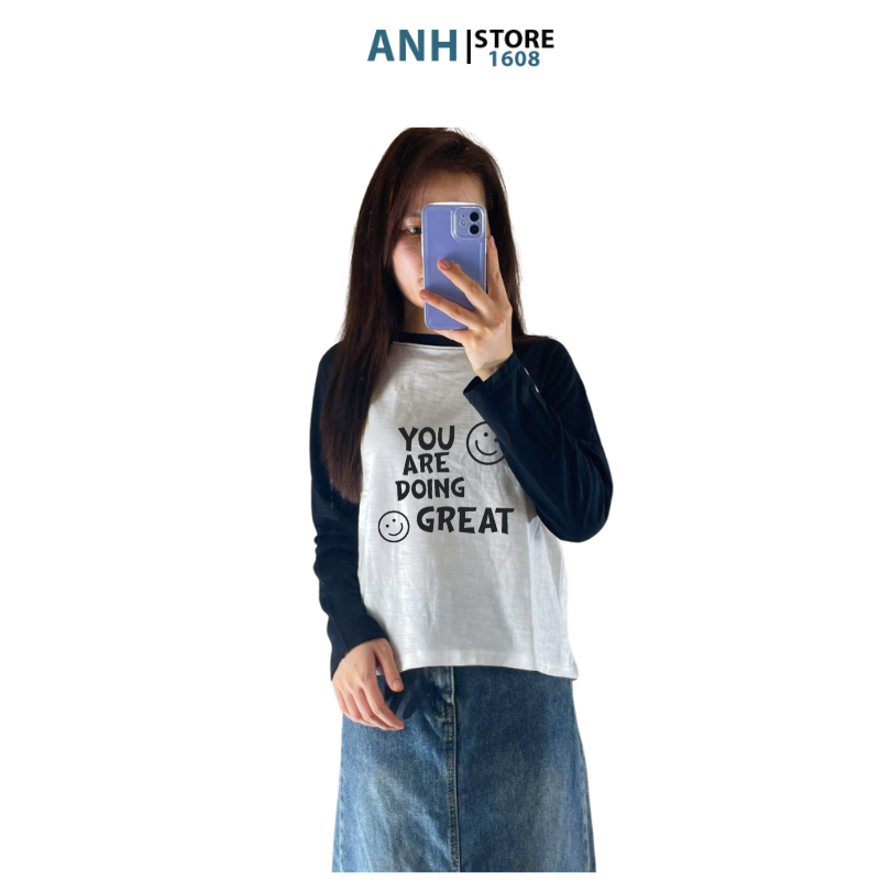 Áo thun nữ dài tay chất xược phối màu in hình thời trang ANHSTORE , áo thun nữ tay phối dáng lửng phom rộng Hàn Quốc