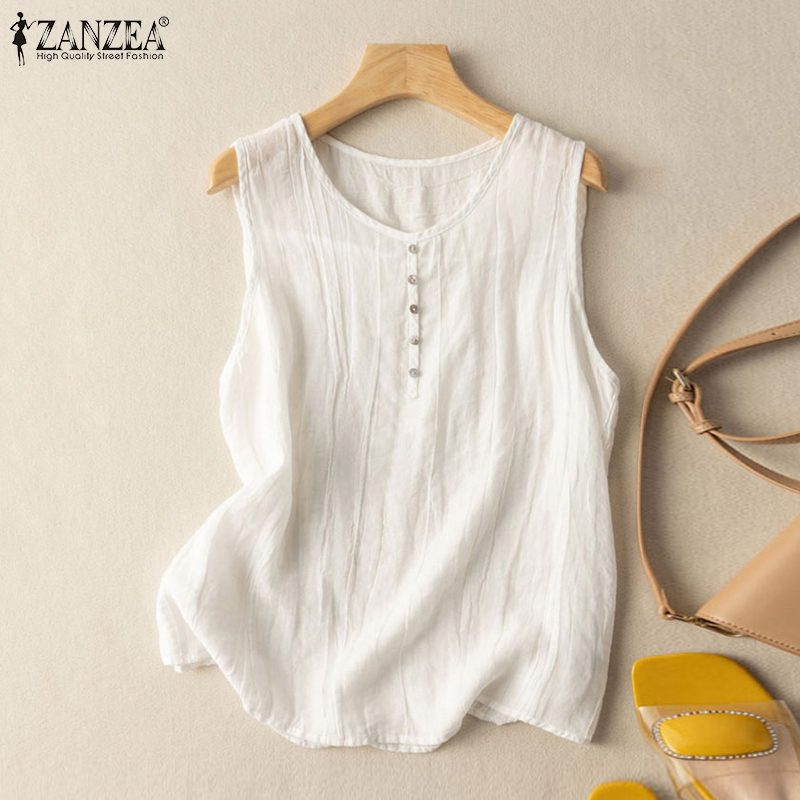 Zanzea Womens Cotton Linen áo không tay Giản Dị Cổ Điển O-Cổ Áo yếm 2
