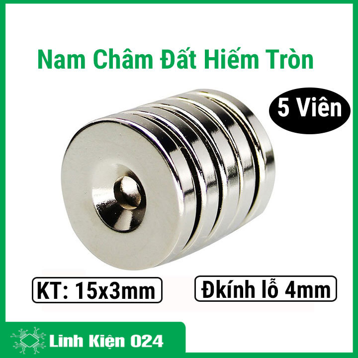 Bộ 5 viên nam châm đất hiếm tròn 15x3mm lỗ 4mm, nam châm vĩnh cửu trắng từ tính siêu mạnh