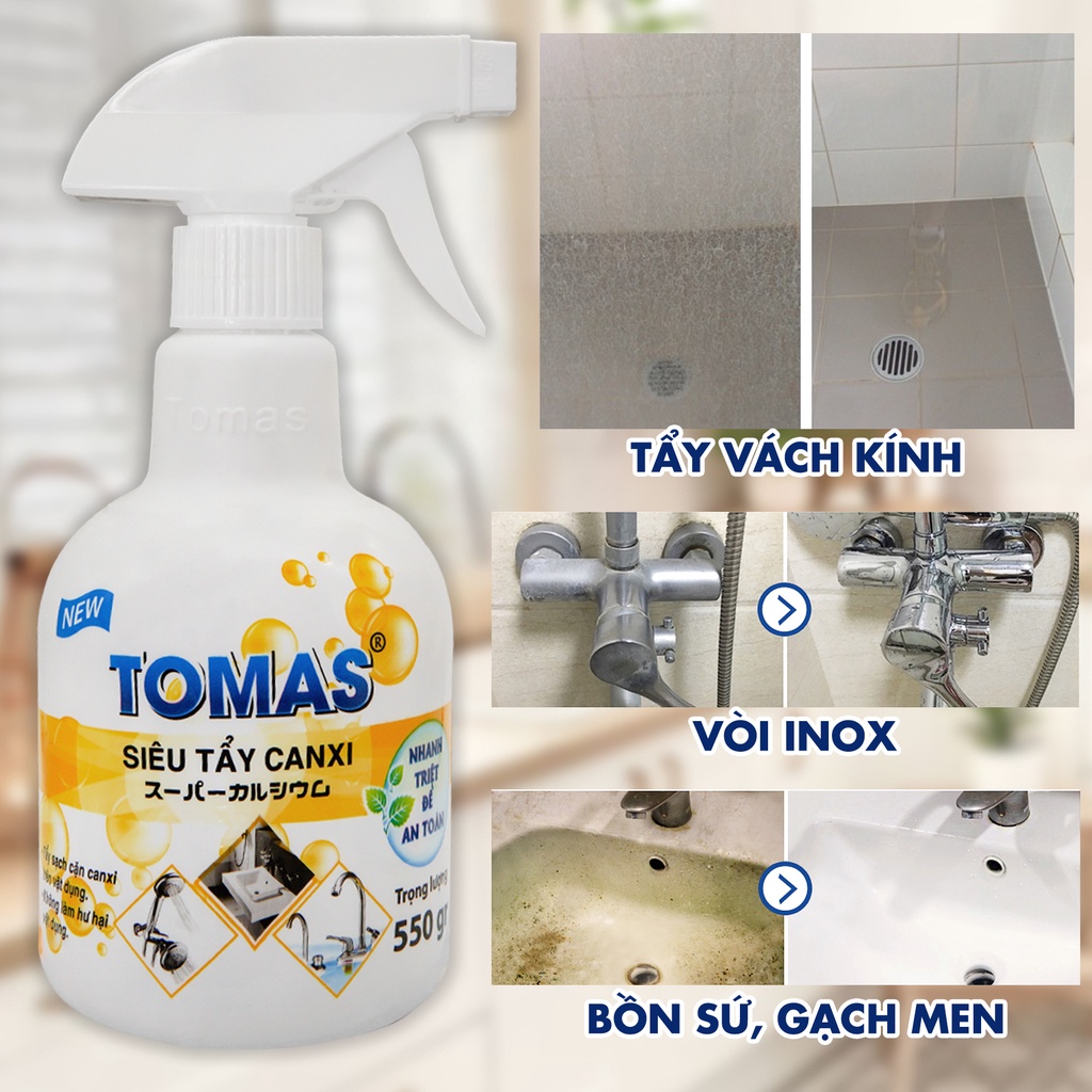 Nước tẩy cặn canxi vách kính, tẩy thiết bị nhà tắm tomas vàng 550g- tẩy vòi inox, bồn sứ cực nhanh, an toàn, hiệu quả