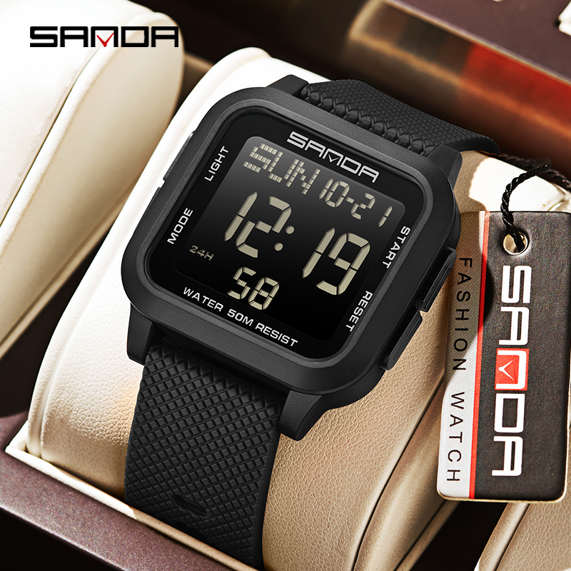 Sanda Square Solid Color Watch Retro Trendy Night Light Waterproof Electronic Men's Watch SD2194-6.