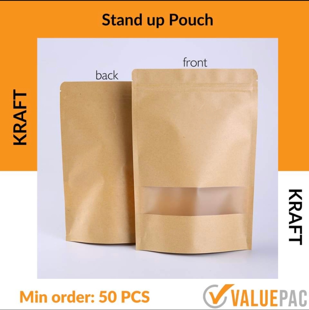 Stand Up Kraft Resealable Pouch Paper Bag Packaging with Window (50pcs